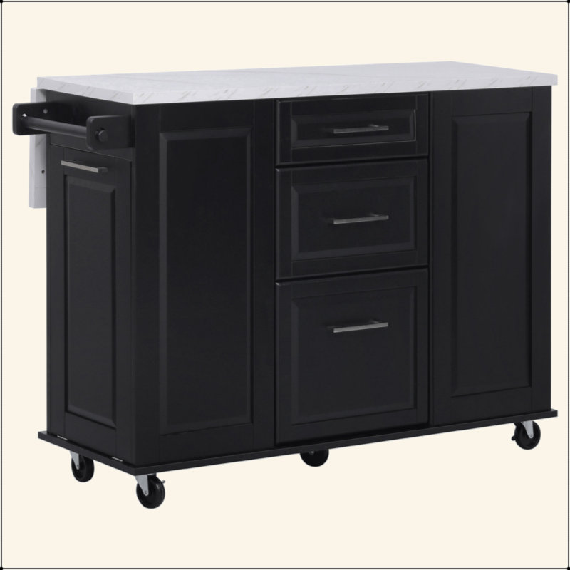 Îlot de cuisine de 50,7 po avec rangement, poubelle inclinable et organisateur de rangement escamotable, îlot de cuisine sur roulettes à 5 roulettes avec abattant, 2 tiroirs, 1 porte pour la cuisine, la salle à manger