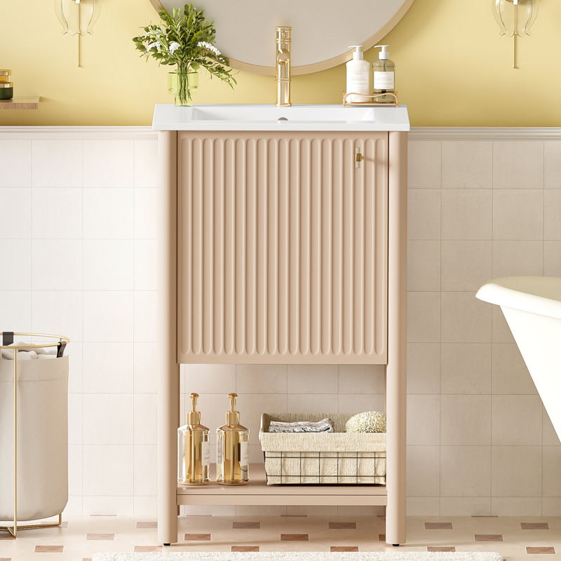 Ensemble de meuble-lavabo simple autoportant de 20 pouces avec lavabo en céramique et porte à fermeture douce, style français pour un décor de salle de bain élégant