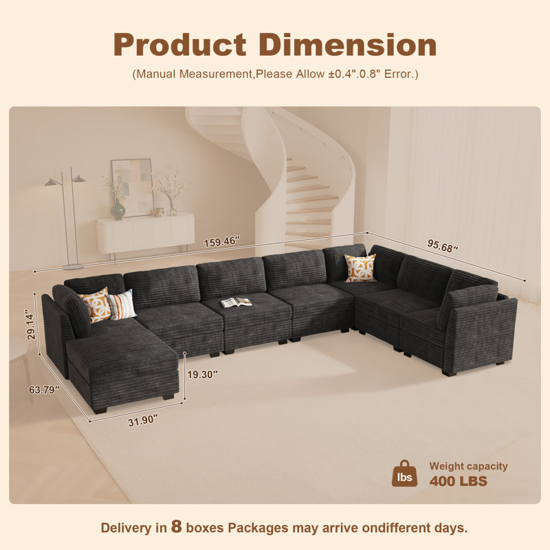 Modular L-shaped Sectional Plush Corduroy Sofa With Movable Ottoman, Black Corduroy