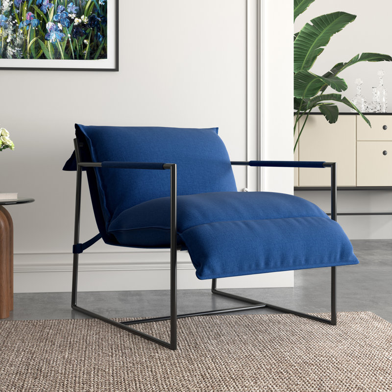Upholstered Modern Metal Framed Blue Polyester Blend Sling Accent Chair, Blue Polyester Blend/Fabric