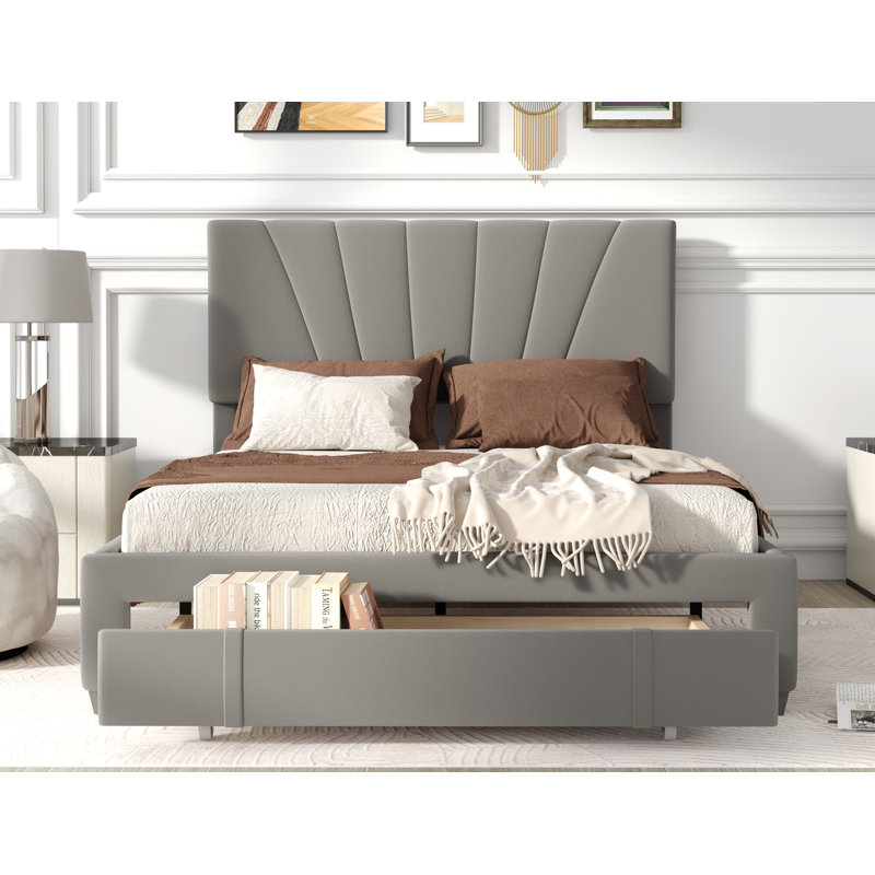 Lit plateforme tapissier avec rangement Johnita, gris