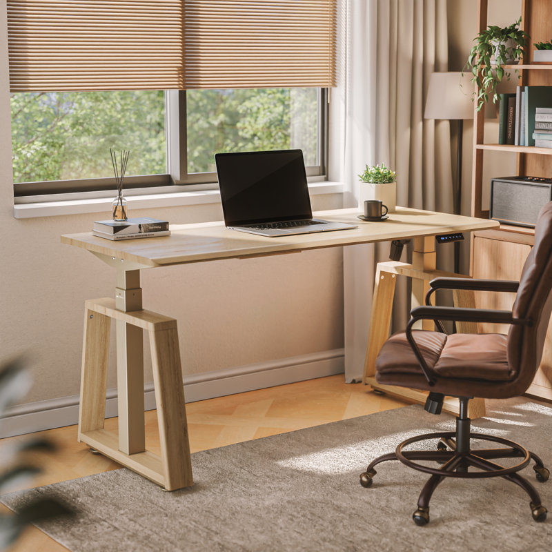Ergonomic Electric Standing Desk with 30° Slanted Edge, Natural Wood Style, Quiet Lift for Home Office