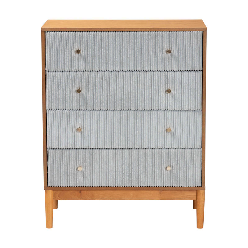 Taylin Mid-Century Grey Corduroy And Oak Brown Wood 4-Drawer Chest
