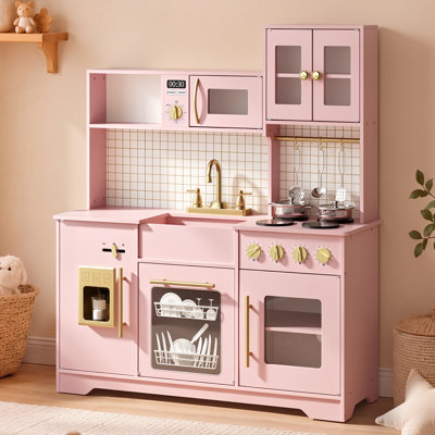 Cuisine en bois pour enfants avec machine à glaçons, cafetière et accessoires de cuisine