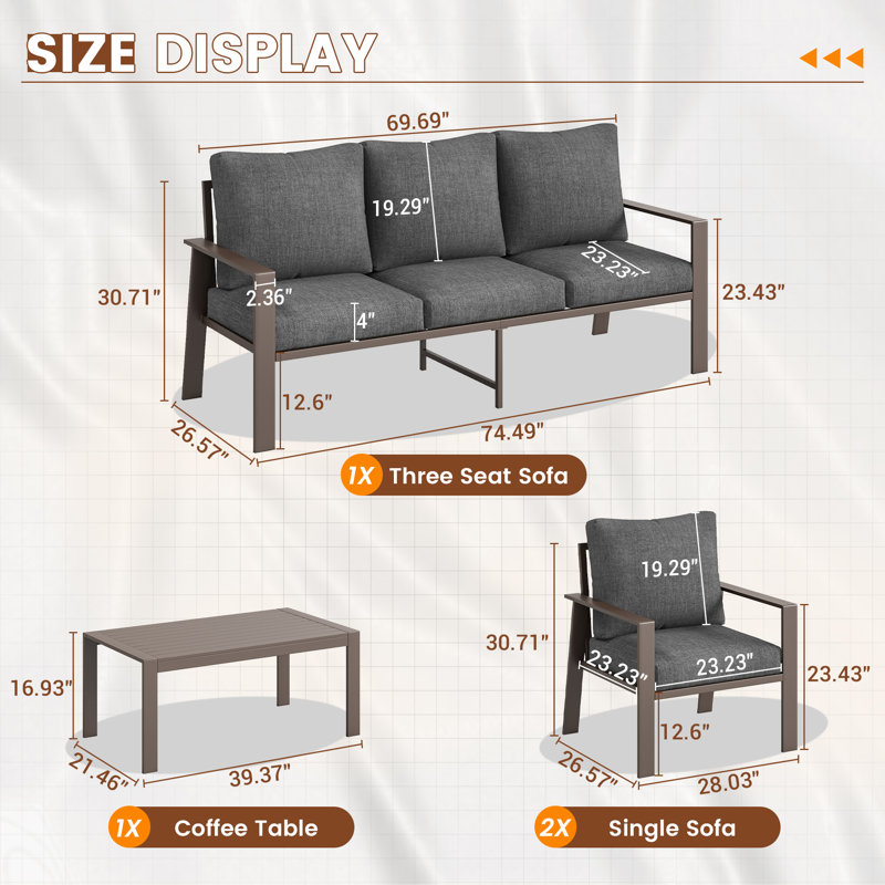 Ensemble de conversation pour 5 personnes avec table basse en aluminium, Gris