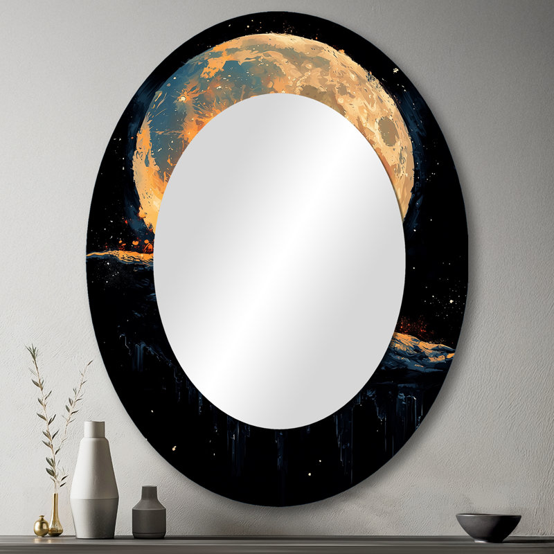 Appolo Astronault Playing Guitar On The Moon - Astronomy & Space Oval Decorative Mirror On Metal, 43" x 33"