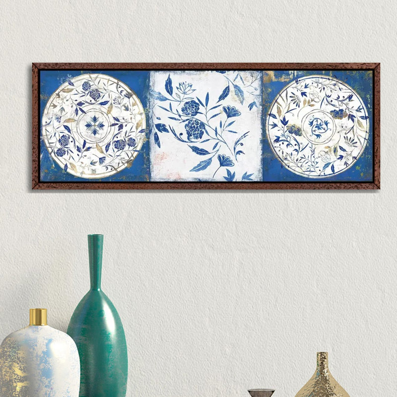 Indigo Ceramics II by Isabelle Z - Panoramic Painting on Canvas, 30.48 cm H x 91.44 cm W, Classic Brown Wood Framed