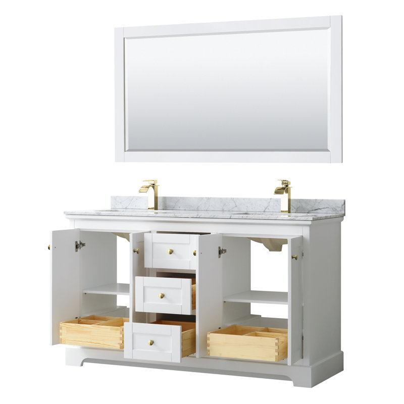 Ensemble de meuble-lavabo double 60 "avec miroir Avery, Or brossé, Blanc