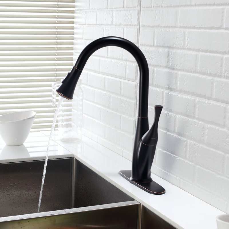 Robinet escamotable huilé en bronze huilé, silhouette épurée pour la cuisine, surface brillante, repousse les taches d'eau, poignée simple à droite ou à gauche, bec pivotant à 360 degrés, modes de pulvérisation double, montable