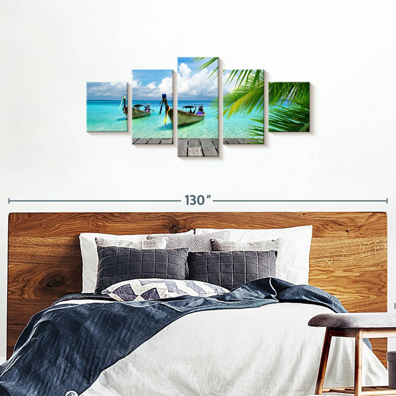 Bateaux sur une île tropicale, quai sur toile, ensemble de 5 pièces, H 74 po x l 34 po x P 1,25 po