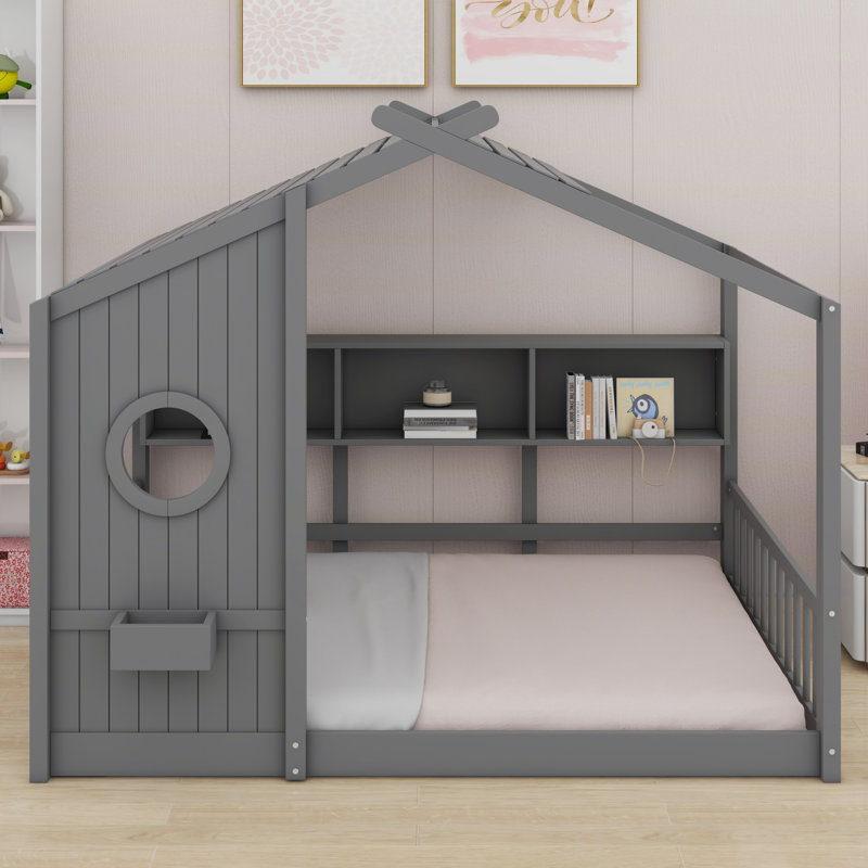 Lit sur pied avec tablette de rangement, gris, Lit double