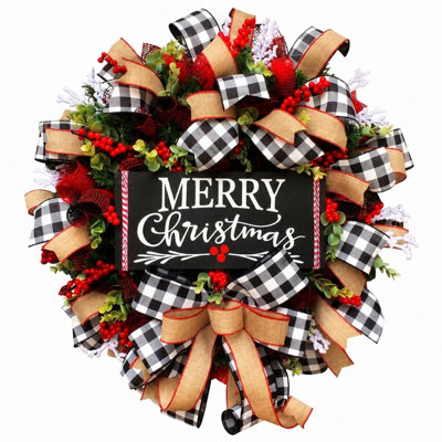 17.7 Inch Farmhouse Christmas Wreath with Buffalo Plaid Bows & "Merry Christmas" Sign, Rustic Holiday Front Door Decor