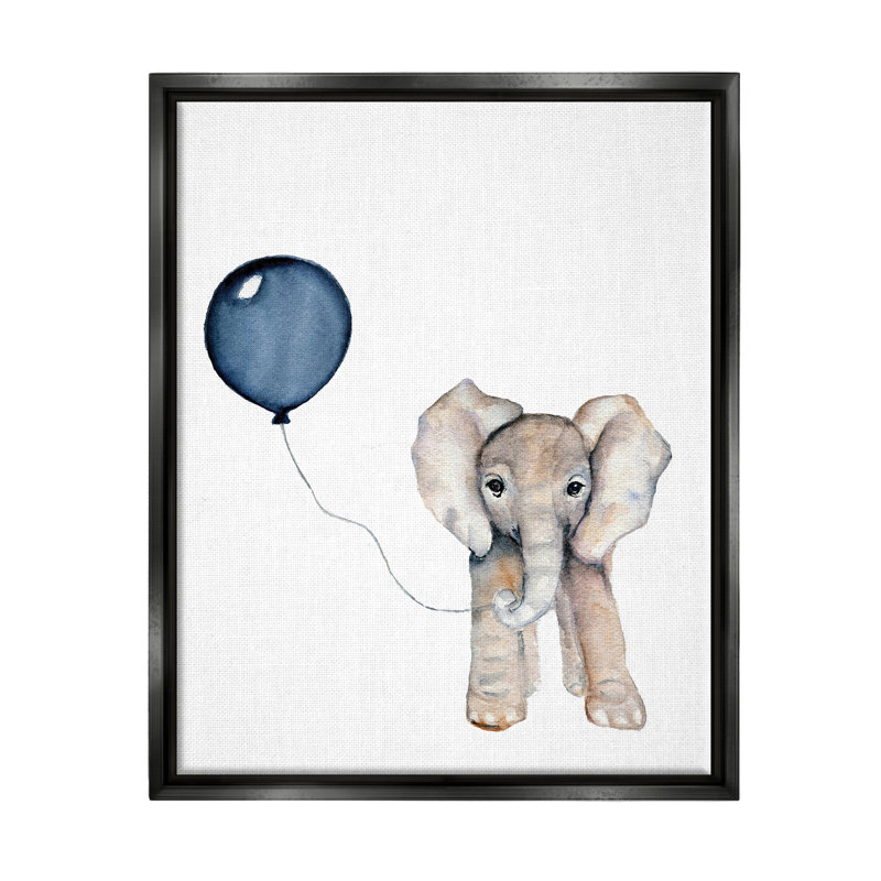 «Baby Elephant with Blue Balloon Jet Black», art mural encadré flottant par Susan Knovich, Cadre flottant noir de jais