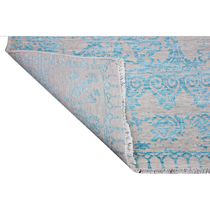 Hand-Knotted High-Quality Silver and Aqua Area Rug