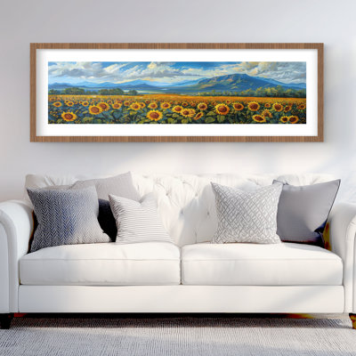 Sunflower Field - Blue Framed Matted Print for Home Decor
