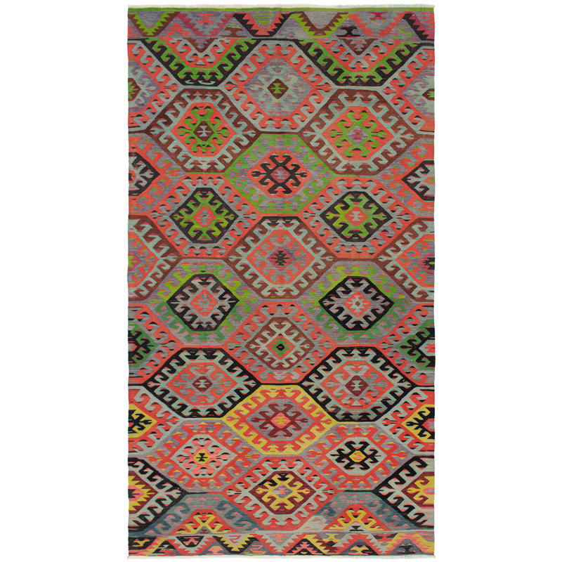 Tapis en cuivre/vert/rouge en laine 6 pi x 11 pi 3 po handwoven à tissage plat Norcross