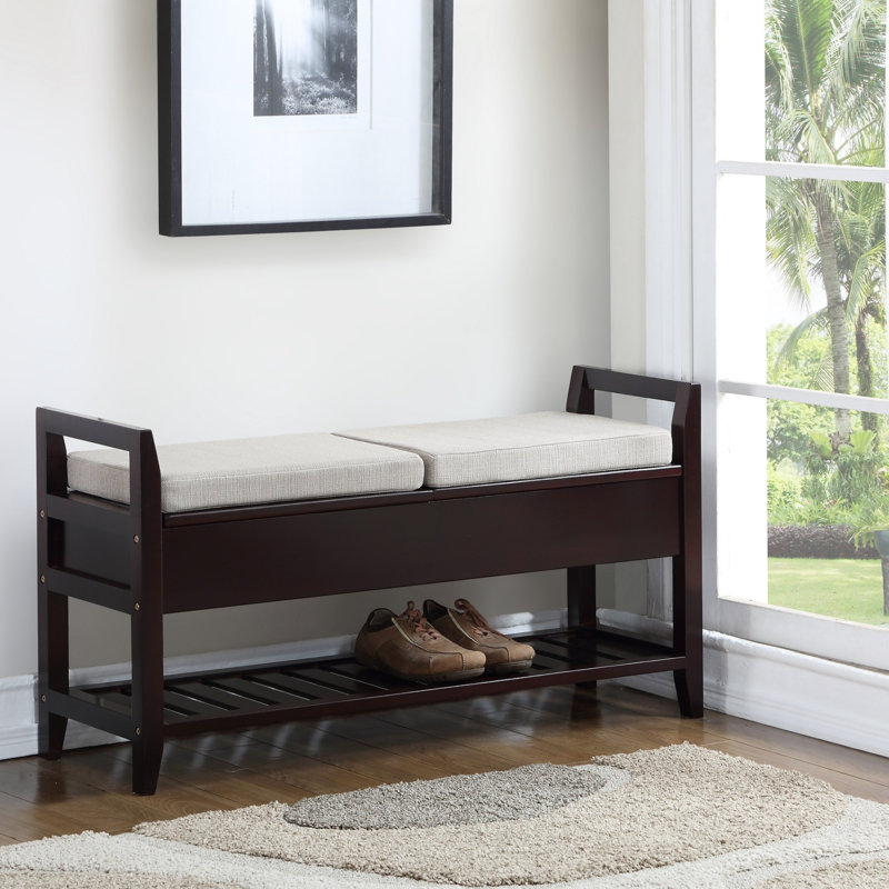 Banc à chaussures de rangement espresso avec revêtement en tissu beige et deux sièges relevables pour plus de rangement