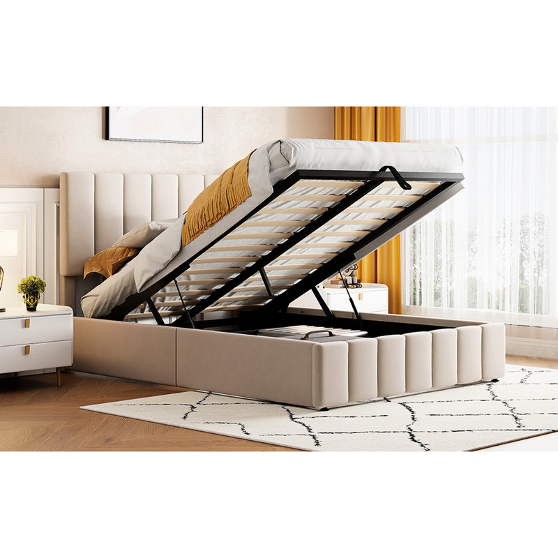 Lit rembourré beige avec rangement hydraulique fiable - attrait élégant