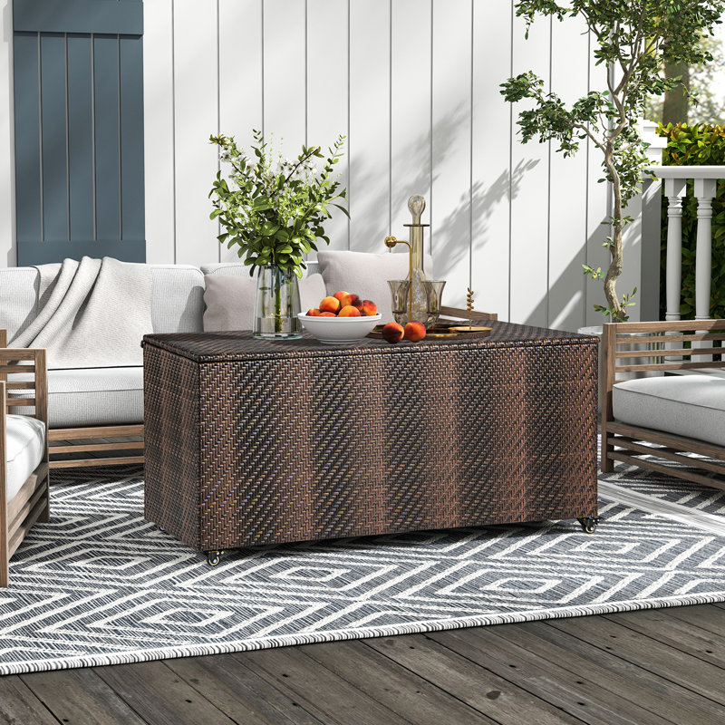 Topbuy 52 " W 96 Gallons Plastic and Wicker Deck Box with Wheels, Brown