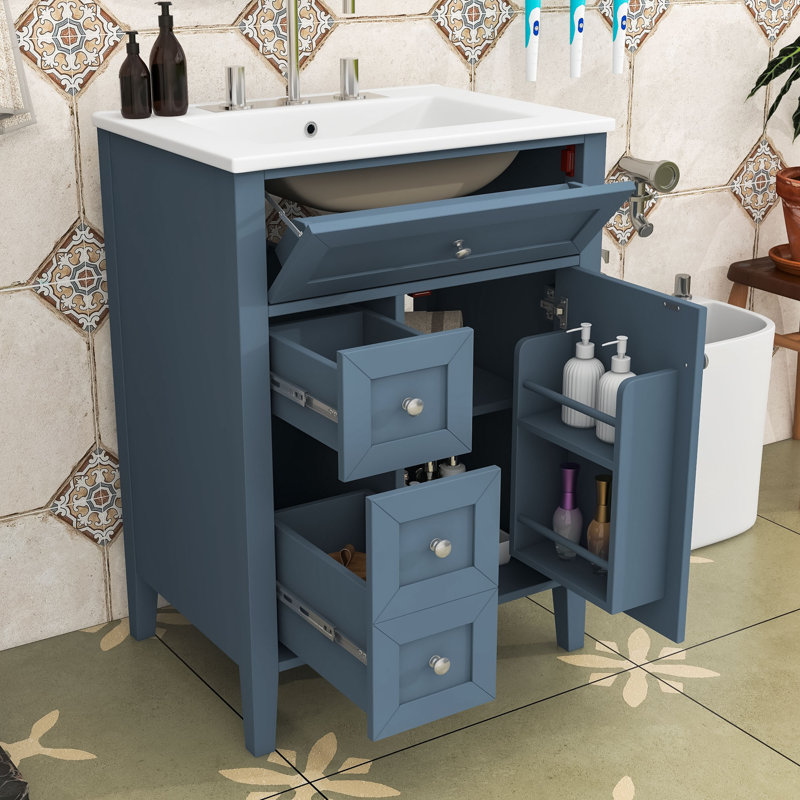 Meuble-lavabo 24 po avec lavabo, tiroirs, tablette réglable et porte, Blue Grey