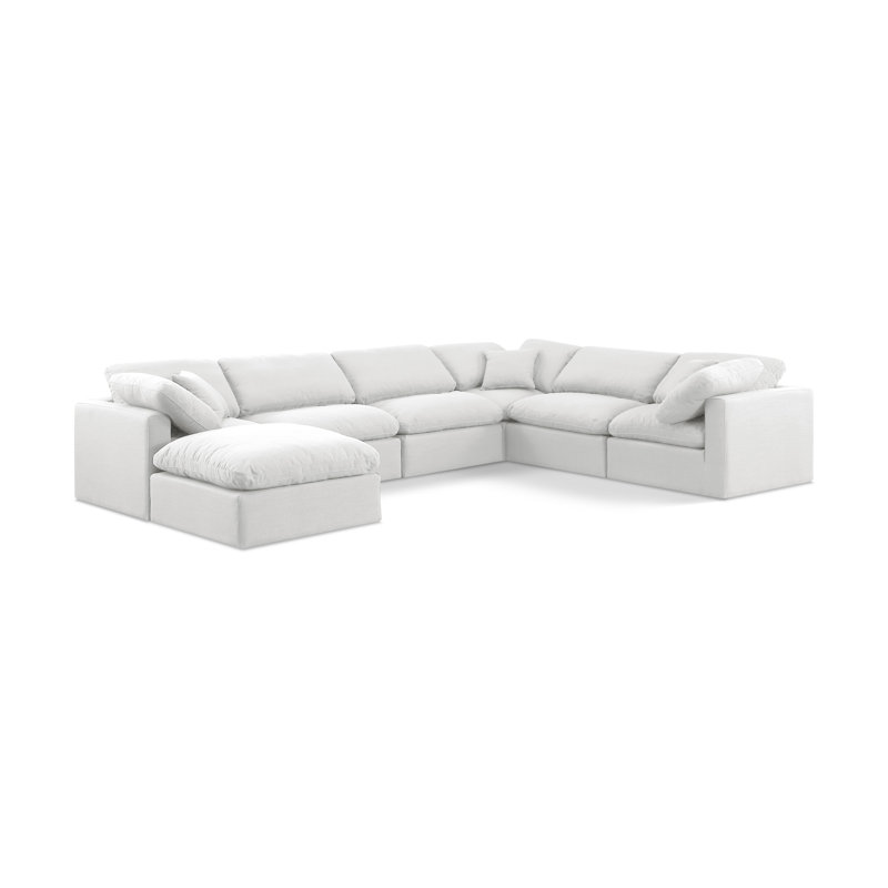 Hinami Upholstered U-Shaped Sectional Reversible, White Linen Textured Fabric