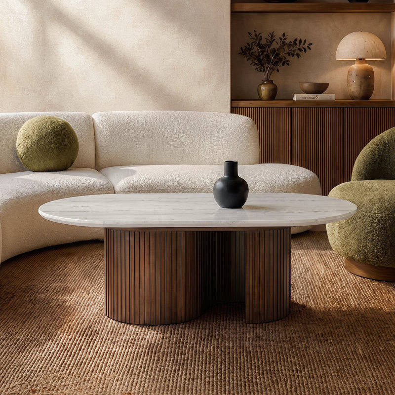 Table basse ovale en pierre véritable Luca, Blanc