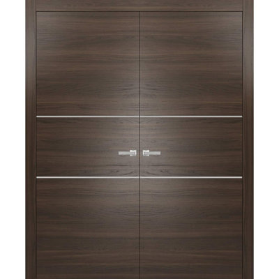 Portes doubles françaises en bois massif Planum 0110, panneaux, cadre et garnitures en frêne chocolat, garde-robe, chambre à coucher, 36 po x 84 po (2 x 18 x 84 po)