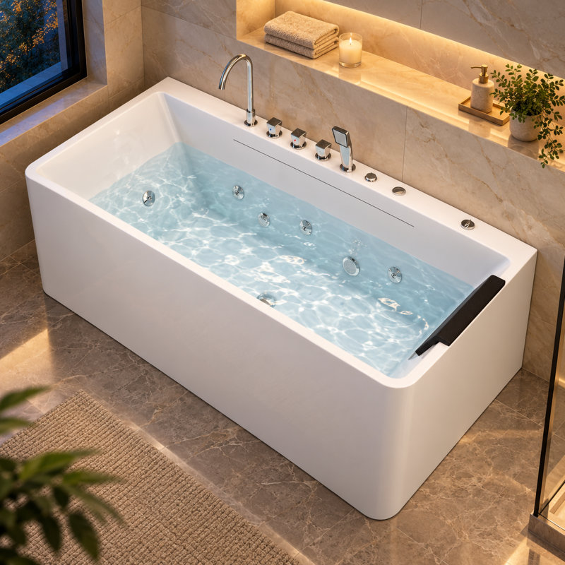 Baignoire tourbillon 67 po, baignoire à jets avec lumière, spa hydromassage avec chromathérapie, acrylique avec tablier à 3 côtés, blanc
