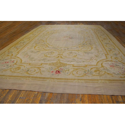 Tapis 12 pi 9 po x 17 pi 3 po en laine tissé à plat et médaillon ivoire doré 1900