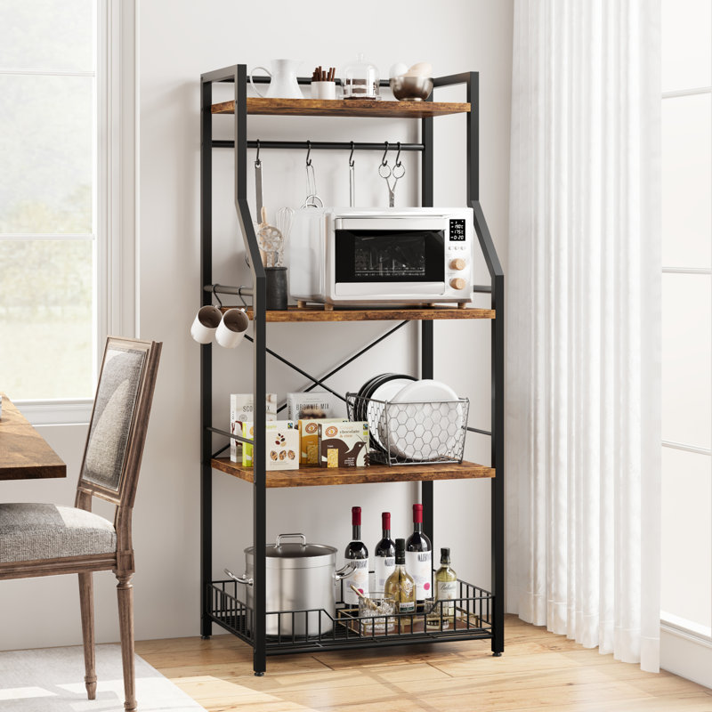 Kitchen Baker's Rack – Microwave Oven Stand with Large Wire Basket, Industrial Coffee Bar Station for Kitchen, Dining Room