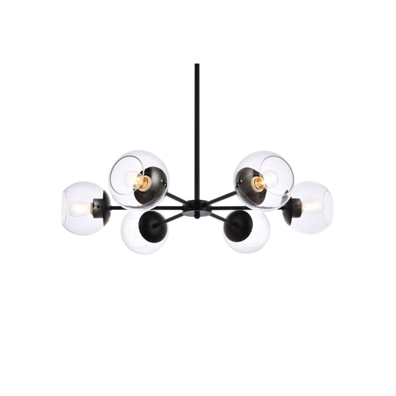 Lustre linéaire moderne Spoutnik à 6 lumières Caisha, Noir/transparent, H 6 po x l 30 po x P 30 po