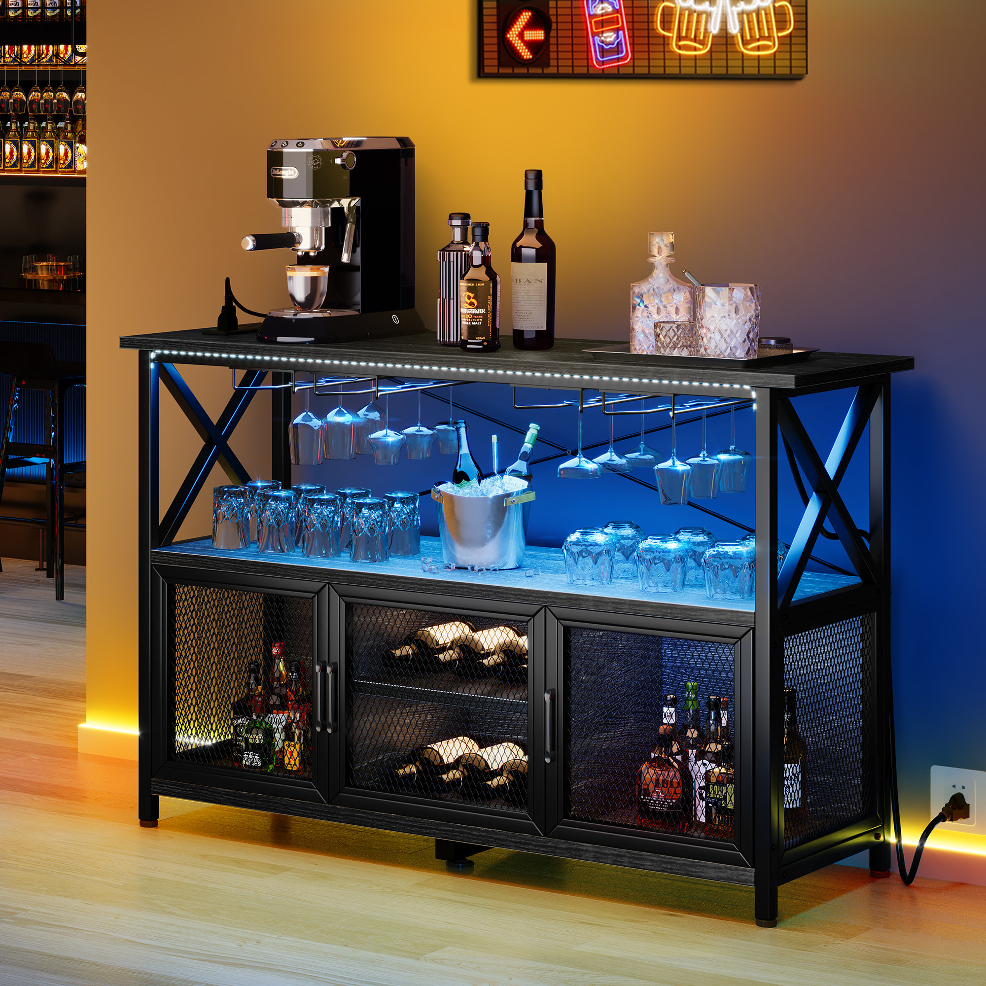 17 Stories Bar Unit for Liquor, 4 Tier Bar Table with Storage Shelves, Foot  Rail and Wine Glasses Holder