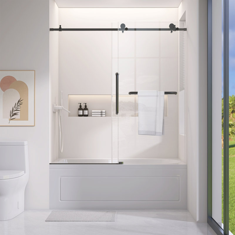 56 à 60 po X P 60 po H Porte de baignoire coulissante simple sans cadre en panneau de douche noir mat Verre transparent