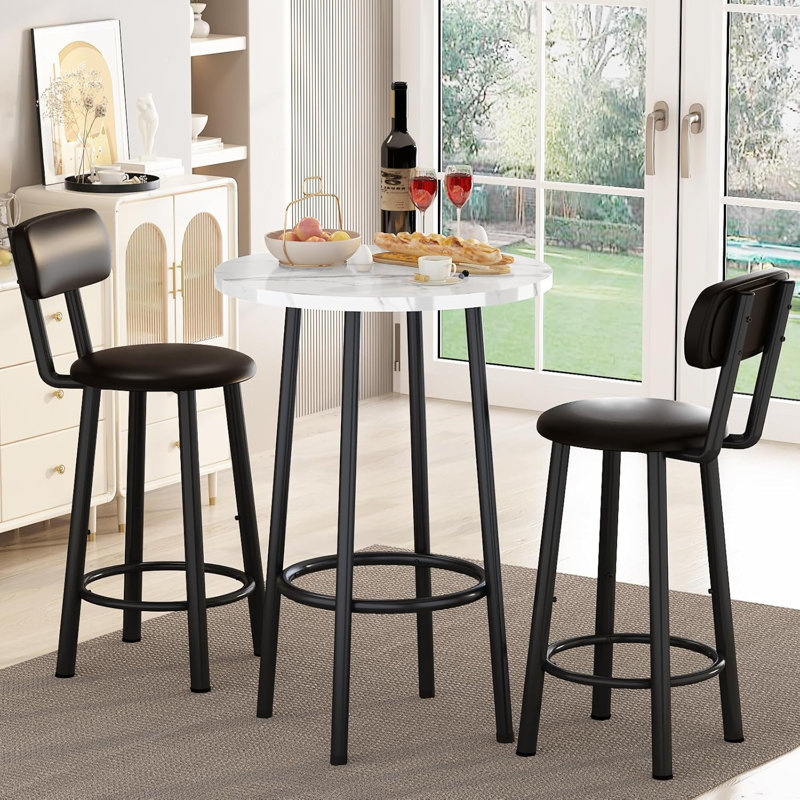 Ensemble de table de salle à manger 3 pièces, ensemble de table de bar avec table à faux comptoir en marbre et 2 tabourets, ensemble de table de bar et chaises peu encombrantes