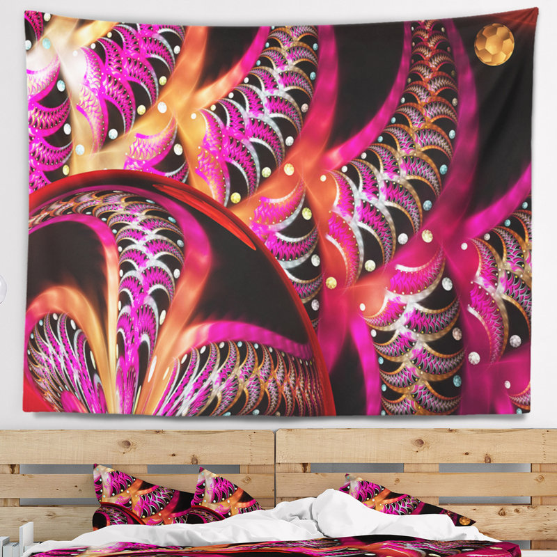 Tapisserie abstraite à motif fractal unique de conception magenta, H 32 po x l 39 po