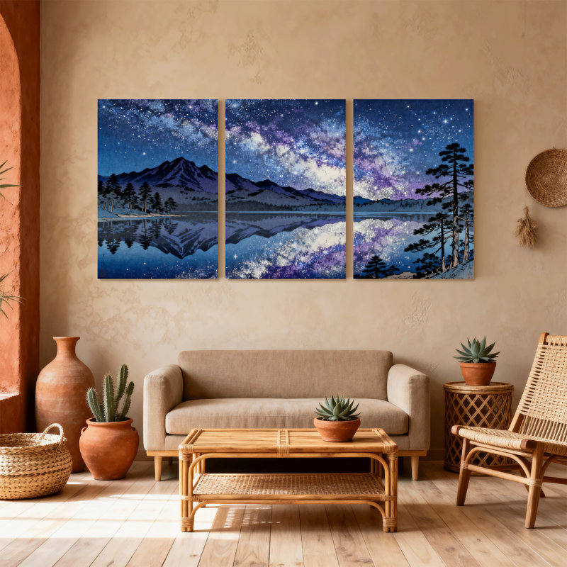 «Starry Sky Mountain Lake Reflection Trees Night Scene», ensemble de 3 impressions sur toile, H 18 po x l 36 po