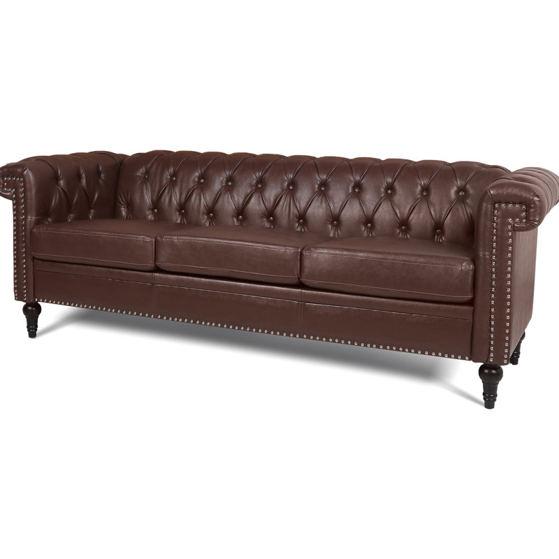 83,54 po de largeur, 3 places, cuir d'unité centrale brun foncé, accoudoirs carrés, coussins amovibles, accoudoirs fabuleux en brun, largeur, intérieur spacieux