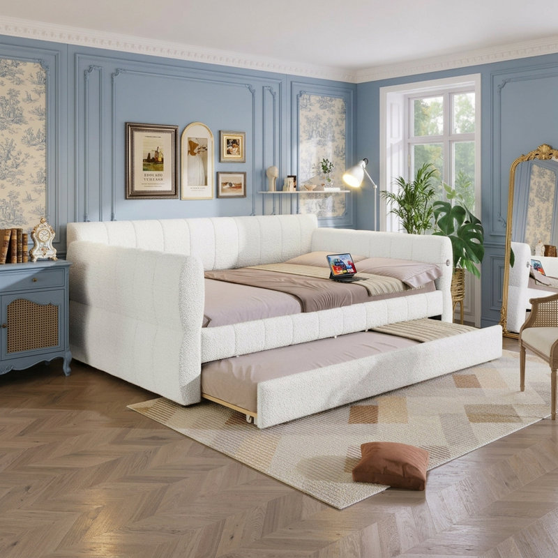Queen Size Upholstered Platform Bed with Trundle Bed, White