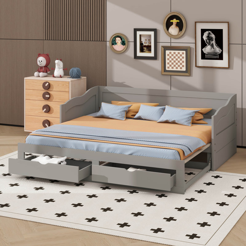 Lit de jour simple en bois avec lit gigogne sous le lit, deux tiroirs de rangement et surface de couchage réglable, Gris