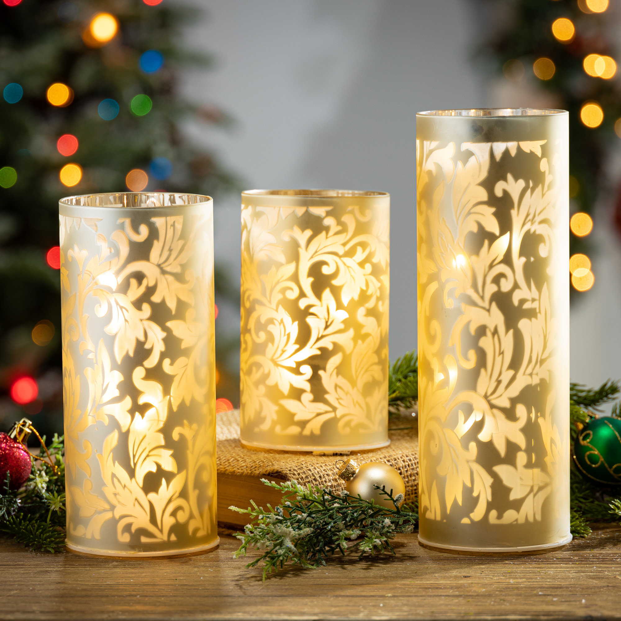 The Holiday Aisle® Illuminated Champagne Colored Glass Luminary Set Of 3 |  Wayfair, image size:2000x2000