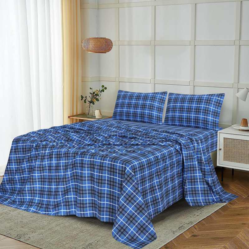 100% Cotton Flannel Sheet Set 4 Piece Warm Cozy Fall Sheets 16 inch Deep Pocket Bed Sheets, Blue/Plaid