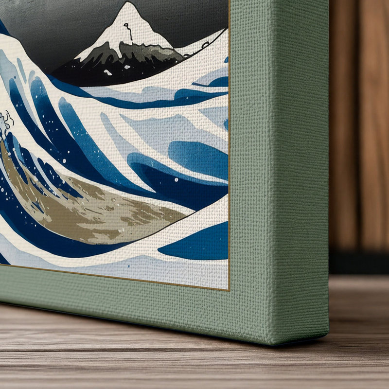 Great Wave at Horizon Japandi - Wrapped Canvas, 36x24 - 91.4 x 61.0 cm, Sage Border