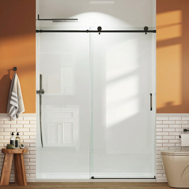 56"-60" W x 76" H Frameless Single Sliding Shower Door, 1/4" Tempered Glass, Adjustable Fit, Matte Black