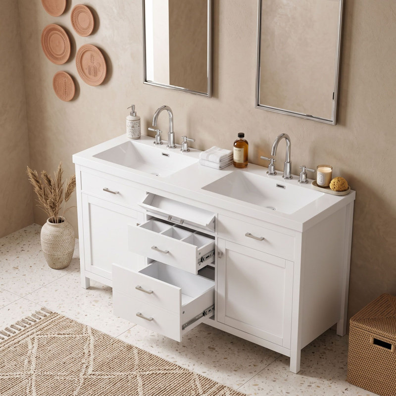 Meuble-lavabo avec lavabo en résine, tiroirs et tablette réglable