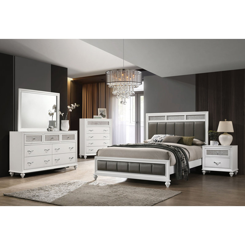 Ensemble de chambre à coucher, Grand lit, Blanc / Gris, Ensemble de 4 pièces : lit, table de chevet, comm