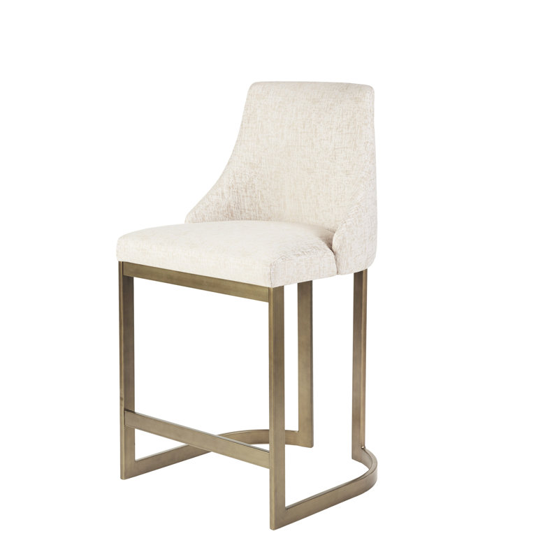 Tabouret de comptoir rembourré de 26 po de hauteur avec base en métal - Élément décoratif de cuisine moderne, accoudoirs courbés et dossier arrondi, rembourrage en mousse à haute densité, finition or antique, patins réglables