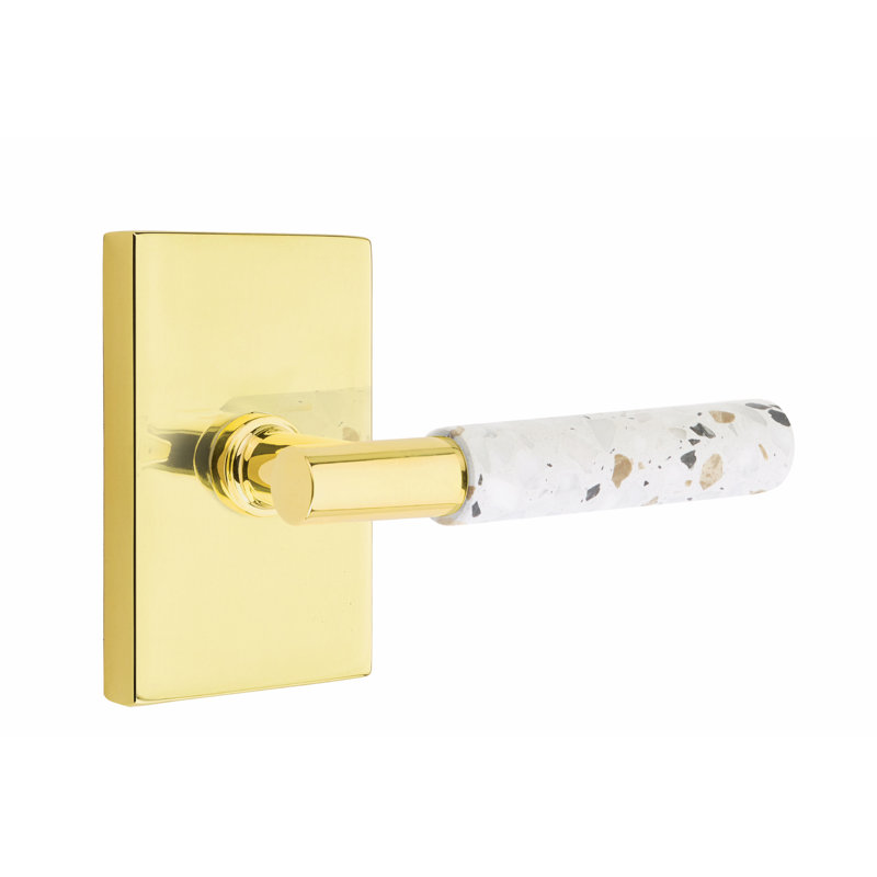 Select Round Passage (Hall & Closet) Door Lever with Rectangle Rosette, Unlacquered Brass/Light Terrazzo