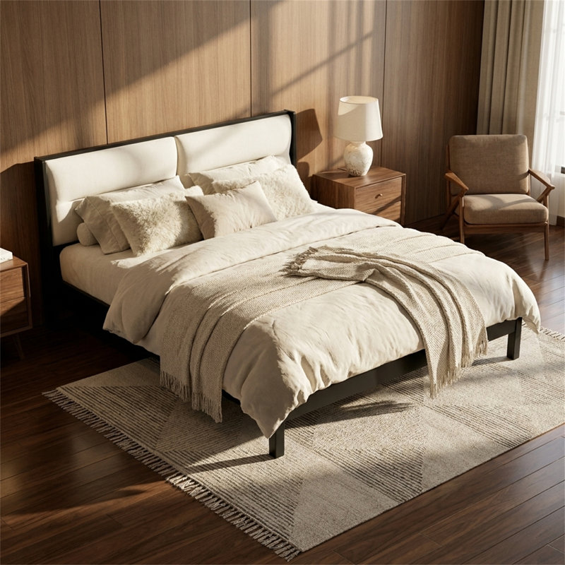 Très grand lit plateforme, cadre de lit (aucune boîte à ressorts requise), avec tête de lit tapissier en velours crème, cadre noir, style Mid-Century moderne