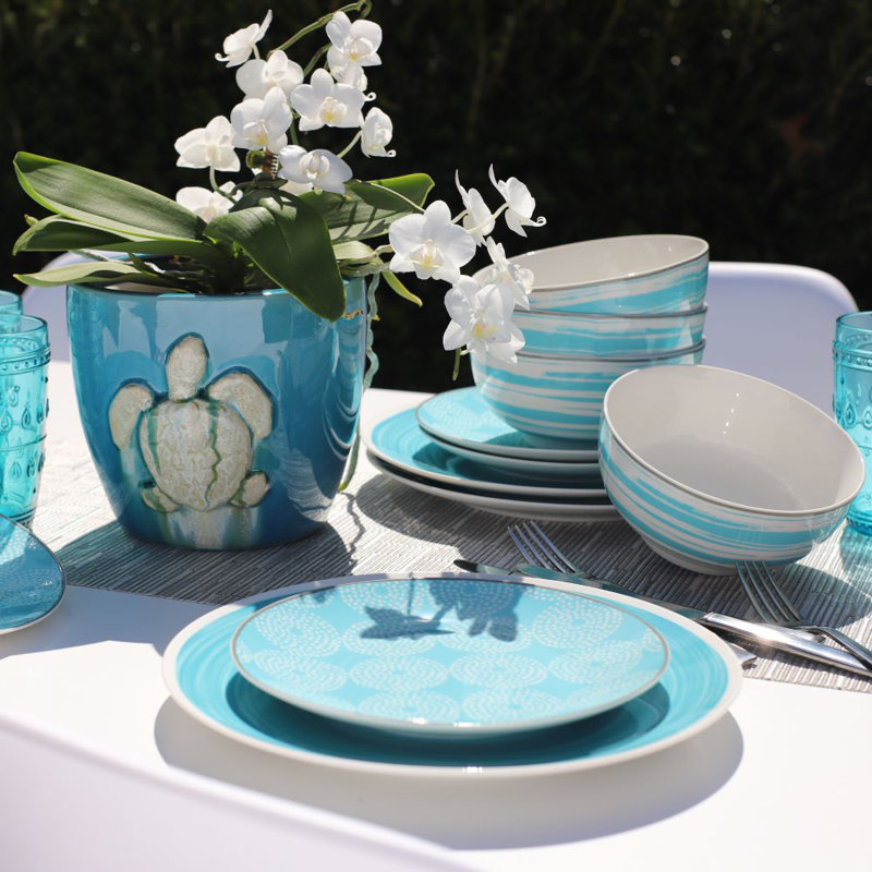 Turquoise and White Ceramic Outdoor Dinnerware Set, Service for 4