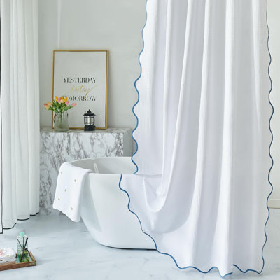 Waffle Weave 230GSM Heavy Duty Fabric With Water Blue Scalloped Border Shower Curtain,Boho Chic Cloth Shower Curtain For Bathroom Showers,72 X 72 Inches